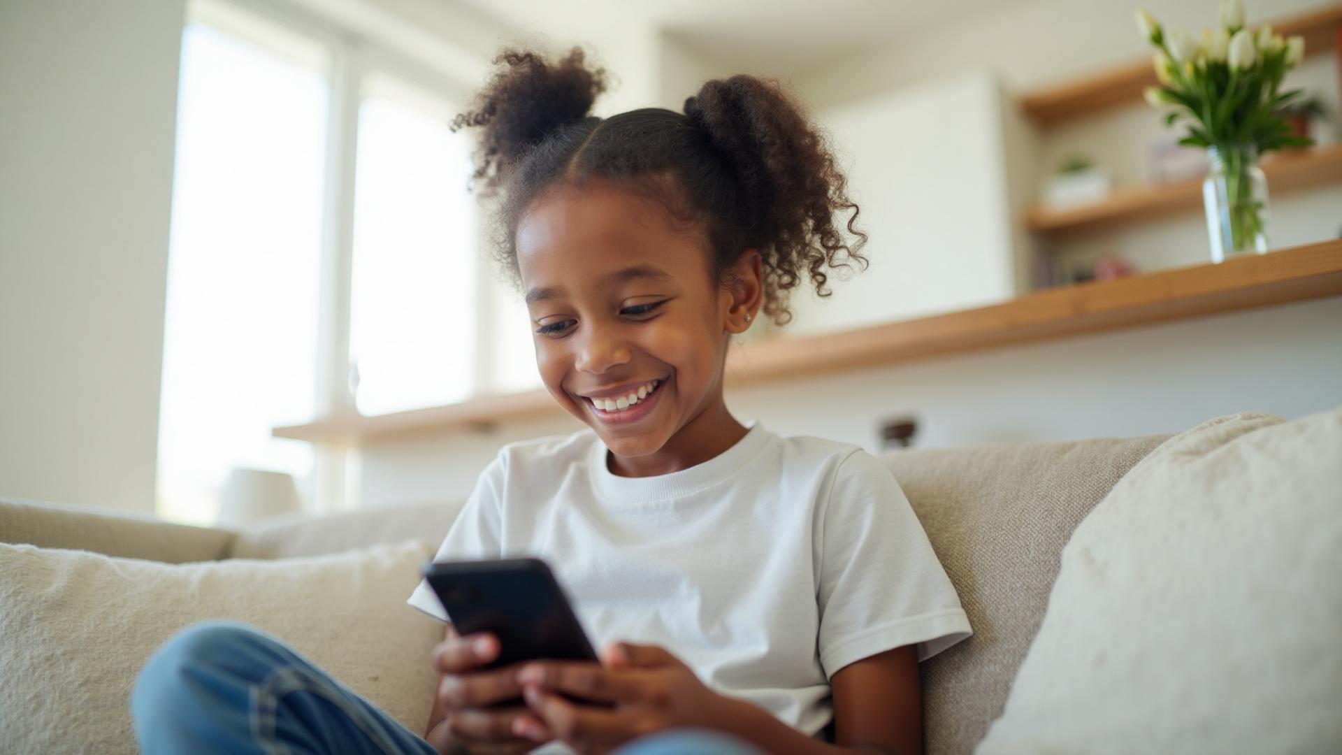 Happy child safely using smartphone under parent supervision