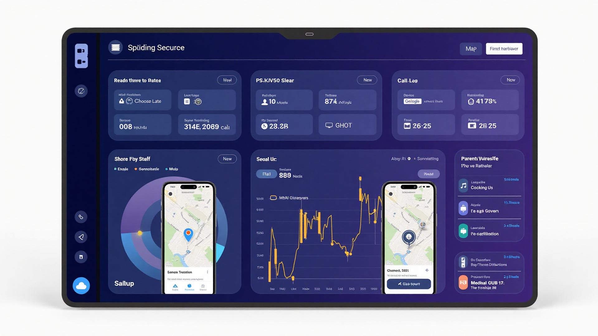 Illustrative parental control dashboard showing location, screen time and activity summaries
